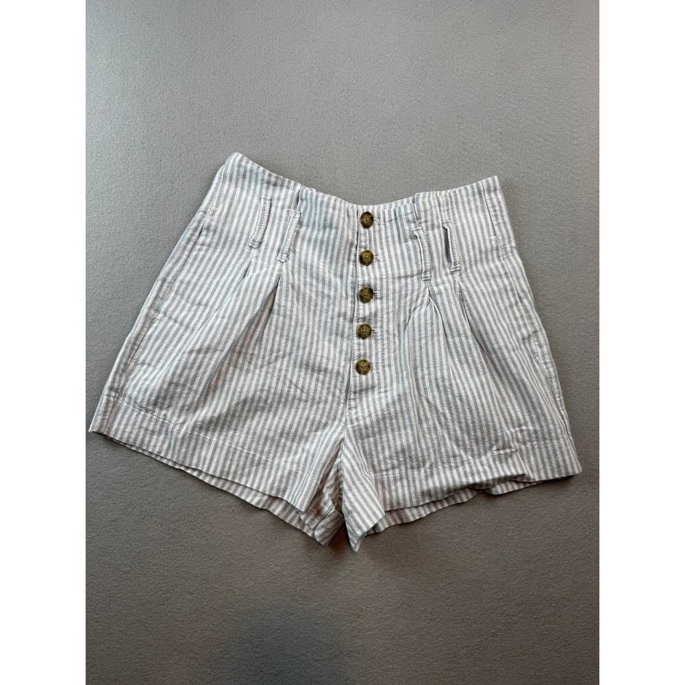 Abercrombie & Fitch Blue White Striped Linen Blend Button Fly Shorts Womens S